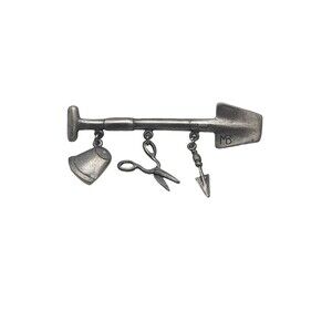 Marjolein Bastin Garden Shovel Tools Pewter Brooch Pin Silver Tone Vintage